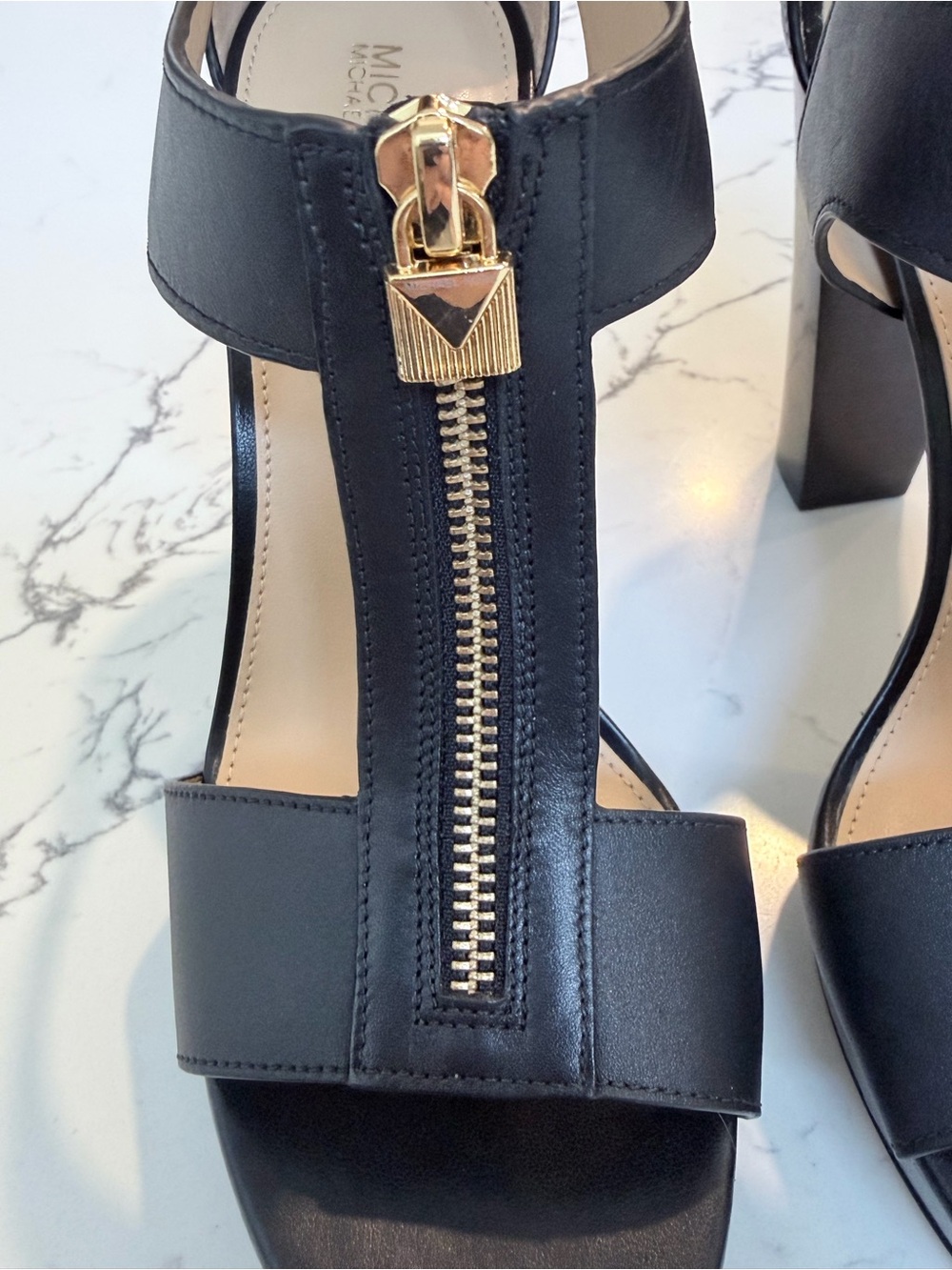 MICHAEL Michael Kors Black High Heel Sandals with Gold Zipper Detail - Picture 7 of 12